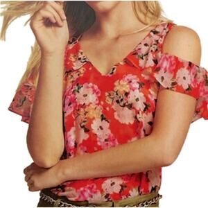 CAbi Women's Lush Floral Cold Shoulder Peplum Blouse Top Size Small